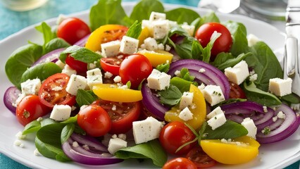 Fitness salad of cherry tomatoes, red onion, feta cheese and dried oregano