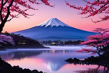 Majestic Mount Fuji, Japans iconic peak, bathed in warm hues of breathtaking sunset. Tranquil beauty of scene is accentuated by blending colors of sky. For art, creative projects, fashion, magazines. - obrazy, fototapety, plakaty