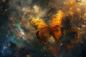 Yellow butterfly gracefully traverses galaxy teeming stars, celestial dance of colors and light - obrazy, fototapety, plakaty