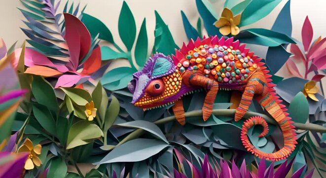 This stunning paper art showcases a multicolor-scaled chameleon amongst paper-crafted plants, highlighting intricate detail and texture work in the art piece