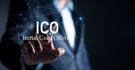 ICO Initial coin offering banner for financial investment - obrazy, fototapety, plakaty