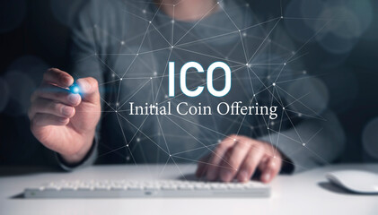 ICO Initial coin offering banner for financial investment - obrazy, fototapety, plakaty