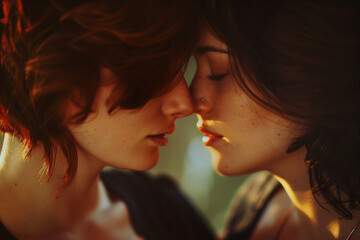 Close-up of two women kissing, a moment between friends