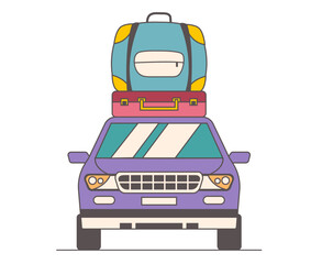 Car with bags on roof vacation trip. Vector flat cartoon graphic design illustration