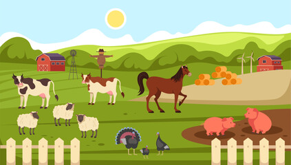 Farm animals grazing in the pasture concept. Vector flat graphic design illustration