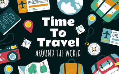 Travel time trip tour around the world agency banner poster abstract concept. Vector graphic design illustration