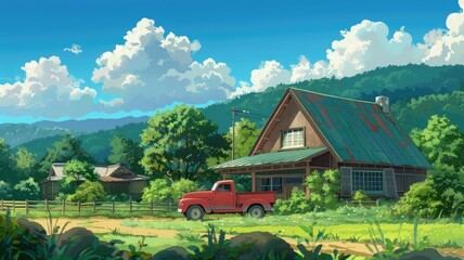 lovely farm with a red vehicle in front of it