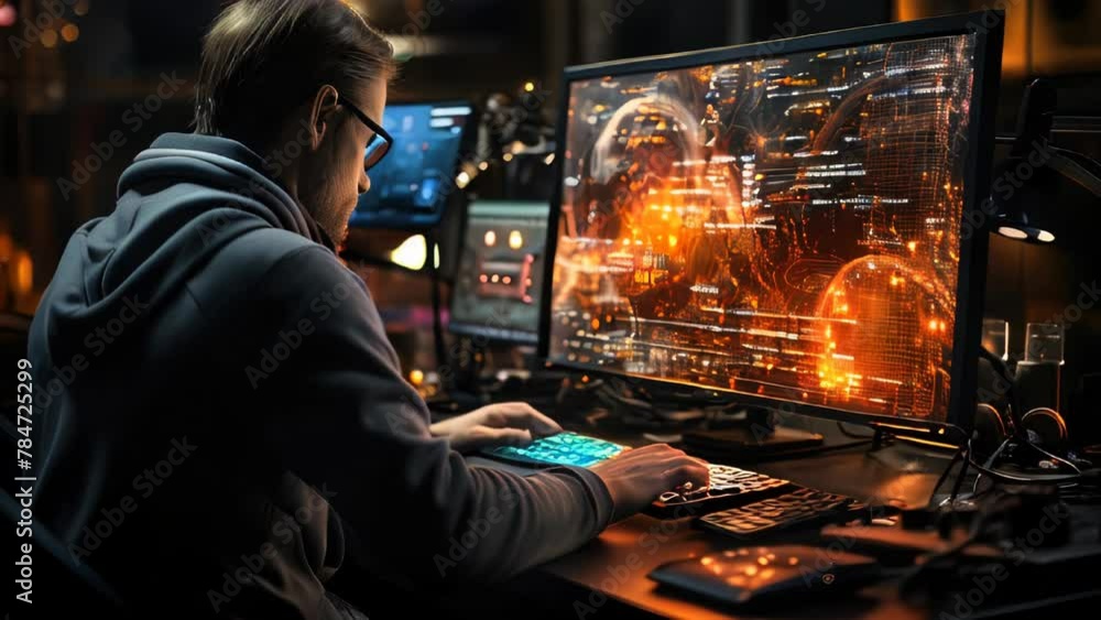 Aufkleber a man works or plays in front of a monitor while sitting at a computer, the concept of remote work a