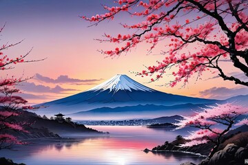Japanese landscape adorned with delicate cherry blossoms, capturing essence of spring in Japan. For art, creative projects, fashion, style, blogs, social media, web design, print, magazine, banner. - obrazy, fototapety, plakaty