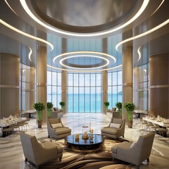 3d rendering luxury reception lobby Hotel sea view