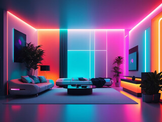 Modern Living Room Illuminated with Vibrant Neon Lights, Featuring Stylish Furniture and Decorative Plants