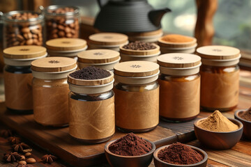 lots of spice jars with empty space on them on wood background . mock up, template, sample concept.