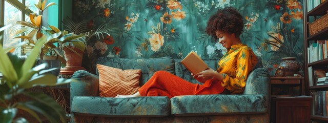 Middle-aged women reading a book at home. hobby , relax, find inner balance concept. banner