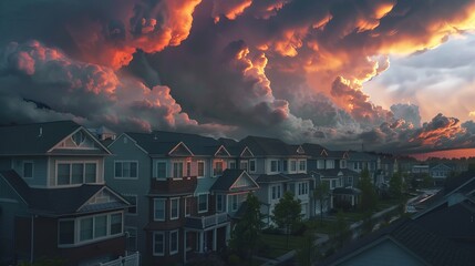 Visualize a dramatic scene where thunderstorm clouds loom ominously over a row of suburban houses. The dark clouds swirl with intensity, casting shadows over the rooftops below.  - obrazy, fototapety, plakaty