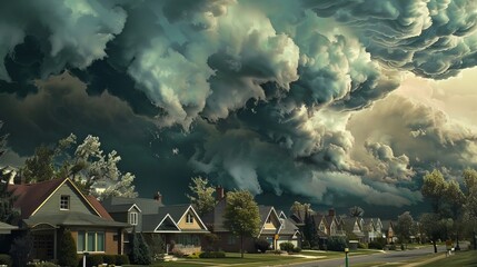 Visualize a dramatic scene where thunderstorm clouds loom ominously over a row of suburban houses. The dark clouds swirl with intensity, casting shadows over the rooftops below. 