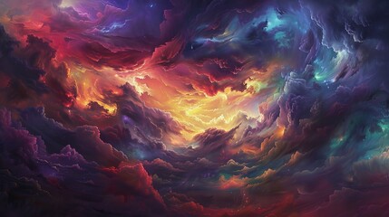 
Imagine a surreal sky filled with stormy clouds, transitioning from dark purples and reds to light blues and yellows. This striking image evokes a range of concepts