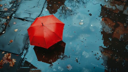 
Imagine a tranquil scene where a colorful umbrella is reflected in a puddle on wet asphalt, creating a captivating natural background. The rainy weather season sets the stage for this serene moment