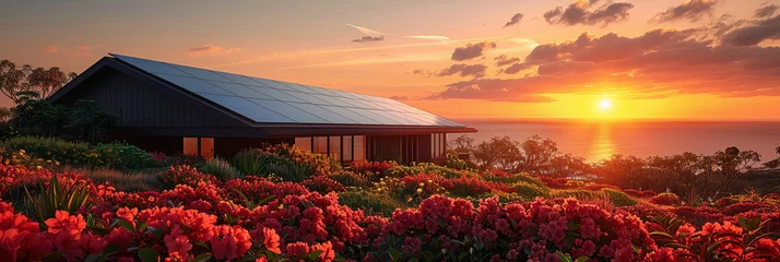 Selbstklebende Fototapeten Revolutionary Solar Energy Solution: Modern Residential Rooftop with Lush Greenery and Setting Sun © Taria Technology
