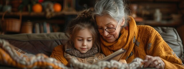 grandmother and her grandson read  book. Spending time together concept. taking care of each other. banner