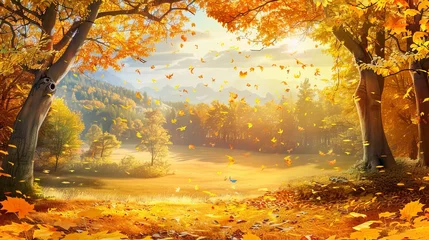 Fotobehang Visualize a stunning autumn landscape, where the trees are ablaze with vibrant shades of yellow and gold, illuminated by the warm glow of the sun. © Marry
