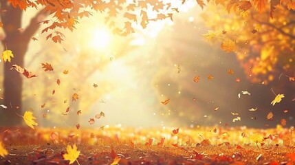 Visualize a stunning autumn landscape, where the trees are ablaze with vibrant shades of yellow and gold, illuminated by the warm glow of the sun. - obrazy, fototapety, plakaty