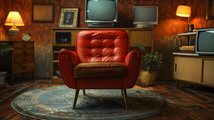 A cozy vintage living room featuring a classic red leather armchair and multiple retro televisions,...