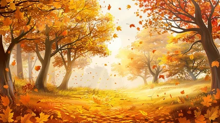 Foto op Canvas Visualize a stunning autumn landscape, where the trees are ablaze with vibrant shades of yellow and gold, illuminated by the warm glow of the sun. © Marry