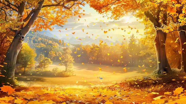 Visualize a stunning autumn landscape, where the trees are ablaze with vibrant shades of yellow and gold, illuminated by the warm glow of the sun.