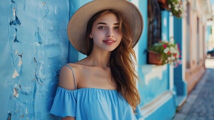 Gorgeous young tourist walking in blue dresses