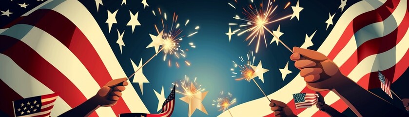 Sparklers and Flags, Little hands holding sparklers and waving tiny American flags, propaganda poster style