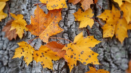 Imagine the scene of a dry tree trunk in the midst of fall, shedding its yellow and light brown maple leaves. Each leaf is adorned with intricate spots and veins on its surface