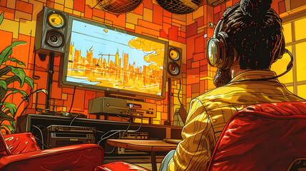 A music lover is immersed in sound with a retro hi-fi setup in a vibrant, colorful room with a cityscape view