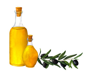 Bottle of aromatic olive oil. Hand drawn watercolor composition with olive brunch for printing on cards, invitations, recipes, cookbooks, packaging and product labels