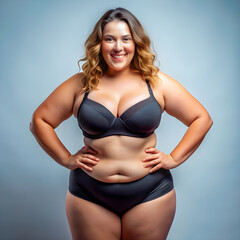 Fototapeta premium Woman in a slightly overweight lingerie, showing all her happiness in her natural beauty.