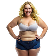 Fototapeta premium Woman in a slightly overweight bikini, showing all her happiness in her natural beauty.