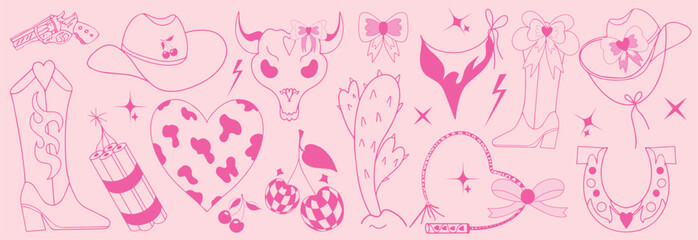 Naklejka premium Hand drawn pink girl cowboy set. Collection of retro Cowboy coquette girly vintage style with bow and ribbon.western and wild west theme. Vector illustration