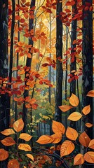Vibrant Autumn Forest Canopy with Soft Diffused Light Creating a Tranquil Retreat