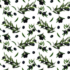Fototapeta na wymiar Olive branch. Seamless watercolor pattern for prints on wallpaper, textiles, diy, scrapbooking for packaging. For kitchen and restauran tdesign, cook and recipe book. Cottagecore and farmhouse design