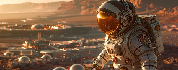 Intrepid Astronaut Stands Amid Futuristic Mars Colony Representing Humanity s and Settlement of Other Planets - obrazy, fototapety, plakaty