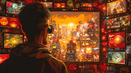 Rear view of a pilot with a futuristic helmet observing a sprawling cyberpunk cityscape from the controls of an advanced, illuminated cockpit