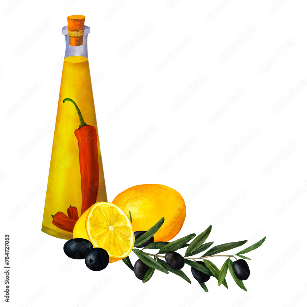 Wall mural bottle of aromatic olive oil seasoned with kitchen herbs, chili pepper, thyme, rosemary, olive branc