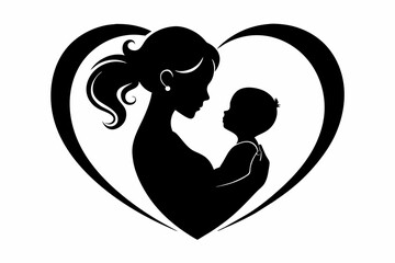 Mother with her baby, heart, outline vector silhouette, mother care icon on white background