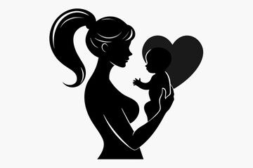 Mother with her baby, heart, outline vector silhouette, mother care icon on white background