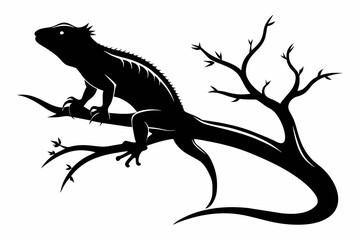 Obraz premium Coated Lizard on a Tree Branch black silhouette on white background
