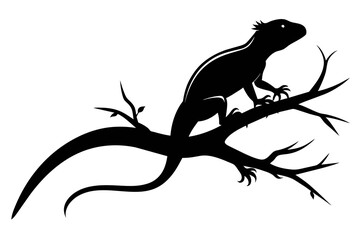Naklejka premium Coated Lizard on a Tree Branch black silhouette on white background