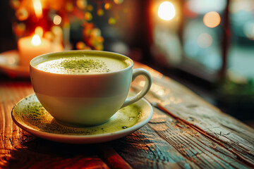 A cup of tasty Japanese matcha green tea with spices on a wooden table