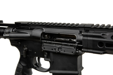 Close-up of the open bolt cover. A modern automatic carbine without sights and with an additional...