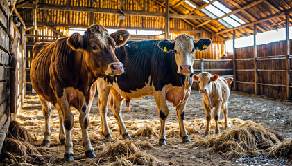 herd of cows are standing in a barn, there is a mix of brown and white cows. Generative AI