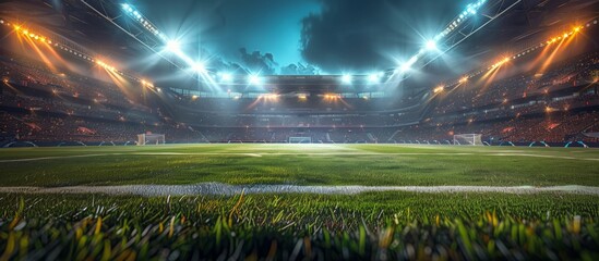 Bright Lights Illuminate Soccer Stadium With Green Field