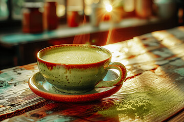 A cup of tasty Japanese matcha green tea with spices on a wooden table